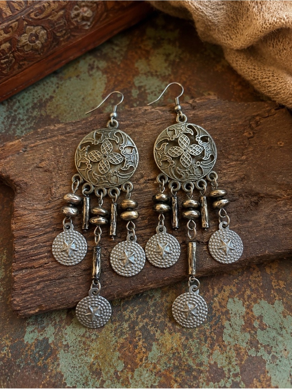 Vintage Artisan Boho Medallion Dangle Earrings Coin Charm 3.5”